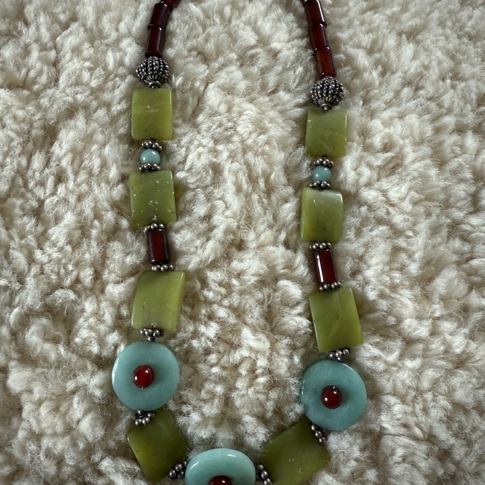 Natural Gemstone Beaded Necklace 925 Silver Jade Green Serpentine Turquoise